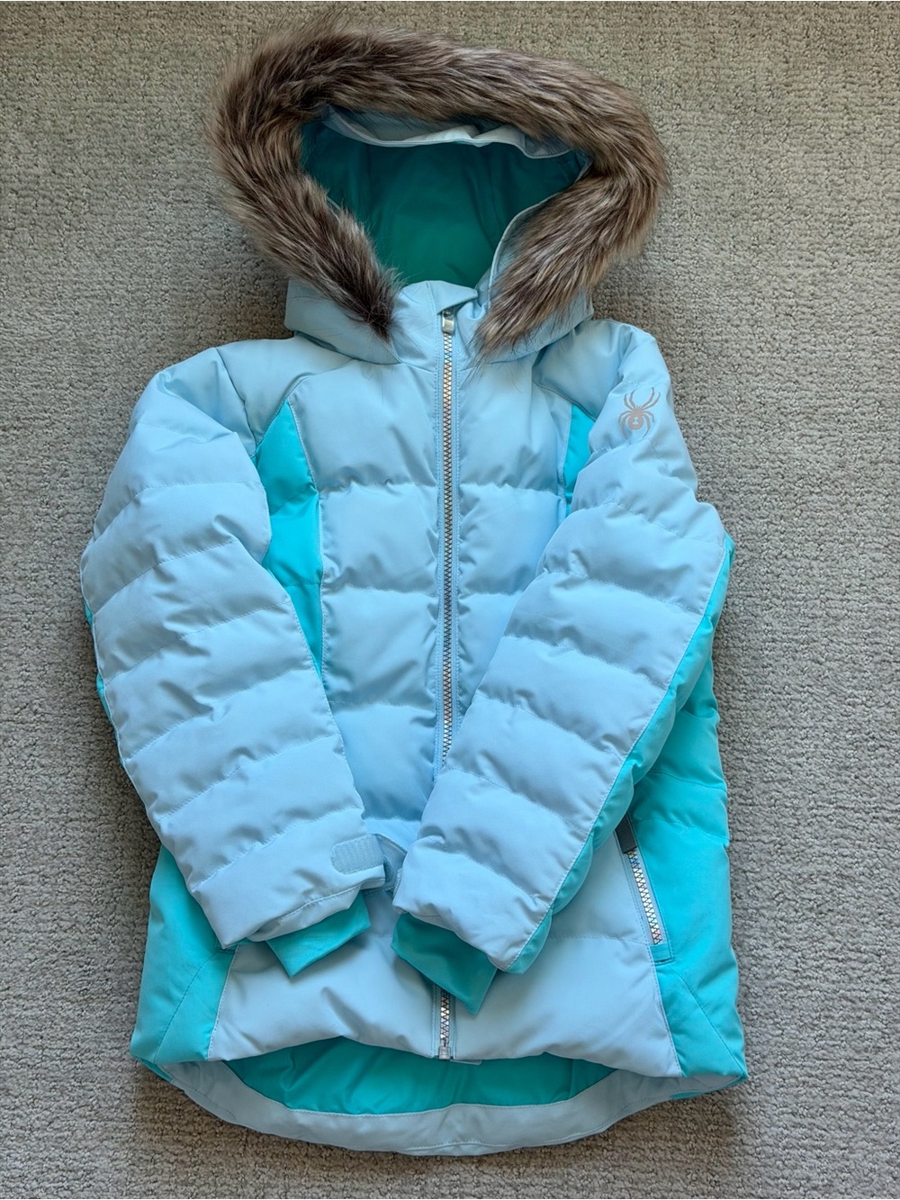 Spyder Girls' Light Blue & Teal Insulated Hooded Ski Jacket